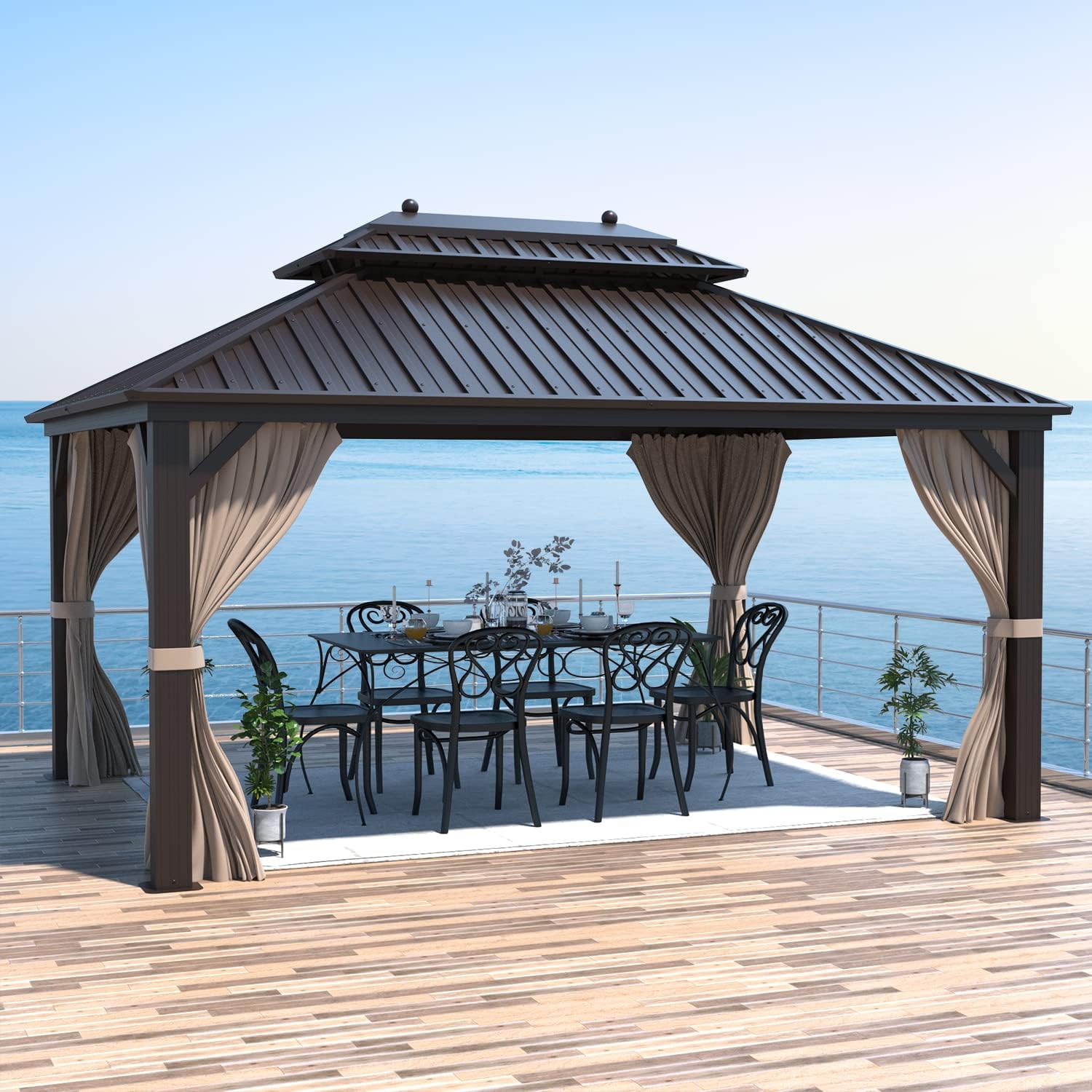 EROMMY 10'x13' Hardtop Gazebo, Galvanized Steel Outdoor Aluminum Canopy with Netting and Shaded Curtains, Double Roof Pergolas, Permanent Metal Pavilion for Patio, Backyard, Deck and Lawns, Brown