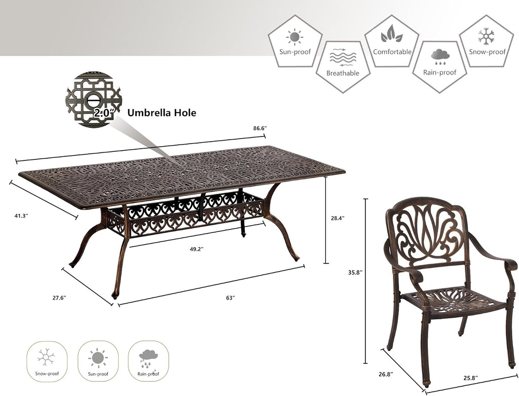 Grepatio 9 Piece Cast Aluminum Patio Furniture Set Outdoor Dining Set Bistro Furniture Set with 8 Armchairs and Dining Table, 8 Cushions for Backyard Garden Poolside (Without Cushion)