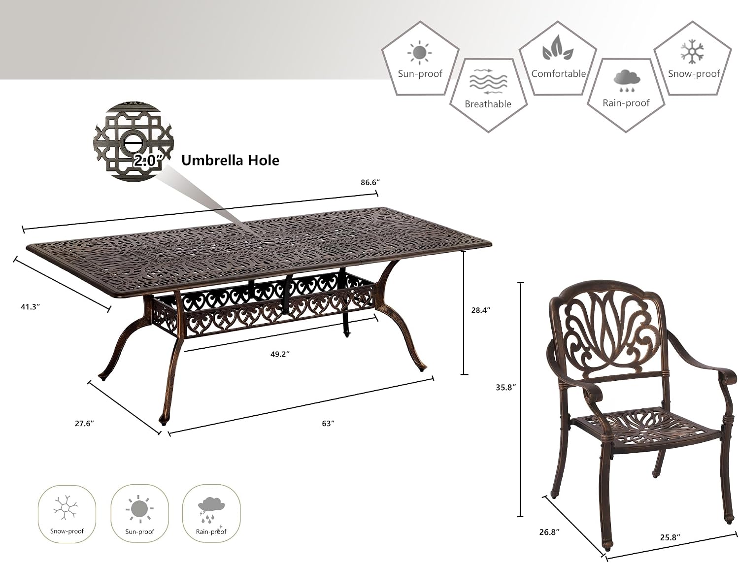 Grepatio 9 Piece Cast Aluminum Patio Furniture Set Outdoor Dining Set Bistro Furniture Set with 8 Armchairs and Dining Table, 8 Cushions for Backyard Garden Poolside (Without Cushion)