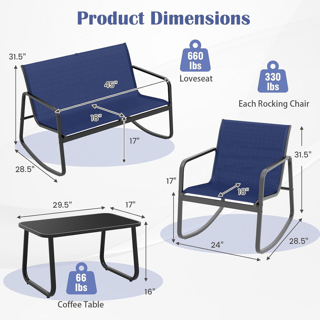 Tangkula 8 Piece Rocking Patio Furniture Set, 4 Rocking Chairs & 2 Loveseat with Glass-Top Table, Patio Rocking Set with Smooth Rocking Motion, Outdoor Rocker Conversation Set for Porch, Yard