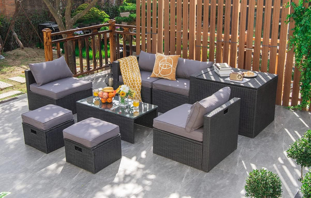 Tangkula 8 Pieces Patio Furniture Set with Waterproof Cover, Patiojoy Space Saving Outdoor PE Rattan Set with Storage Box, Tempered Glass Table, 2 Ottomans, 2 Armless Sofas & Corner Sofas