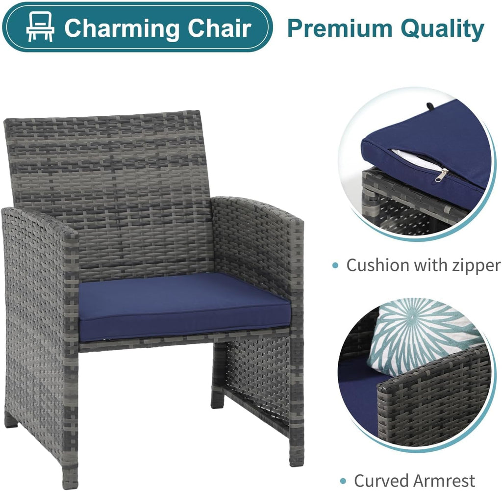 OC Orange-Casual 5 Piece Patio Furniture Set, Wicker Outdoor Conversation Chair and Ottoman Set with Coffee Table, Pillows Included, for Balcony, Porch, Deck, Navy Blue