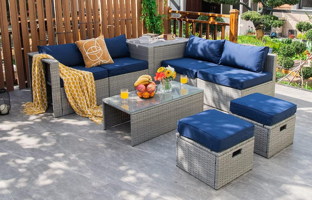 Tangkula 8 Piece Patio Wicker Furniture Set, Patiojoy Space Saving Outdoor PE Rattan Conversation Set with Storage Box & Waterproof Cover, Coffee Table, 2 Ottomans, 2 Armless Sofas & 2 Corner Sofas