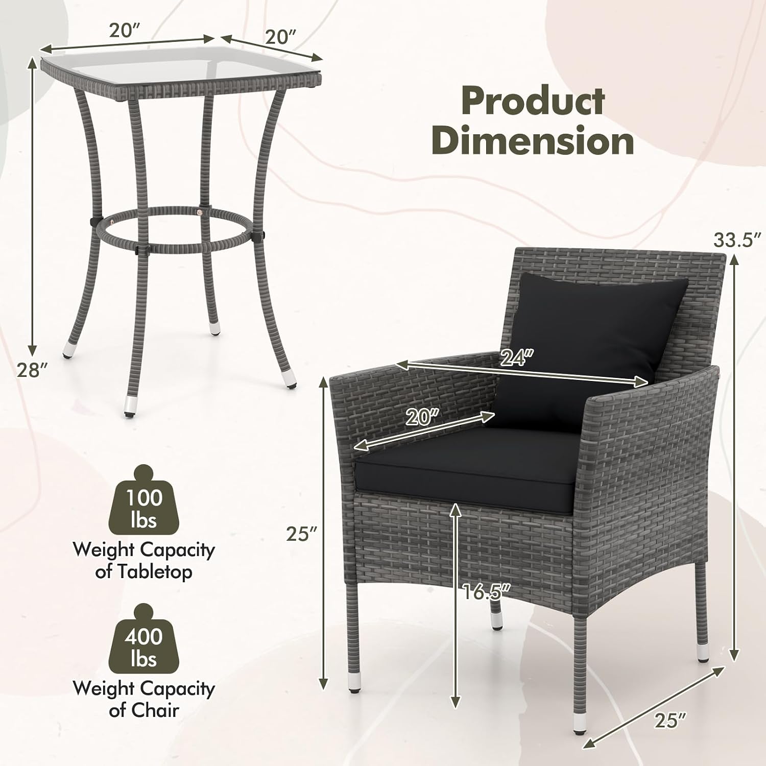 Tangkula 3-Piece Patio Furniture Set, PE Wicker Conversation Bistro Set w/A Tempered Glass Table & 2 Cushioned Chairs, Outdoor Table & Chairs Set for Patio Porch Yard Garden (Black)