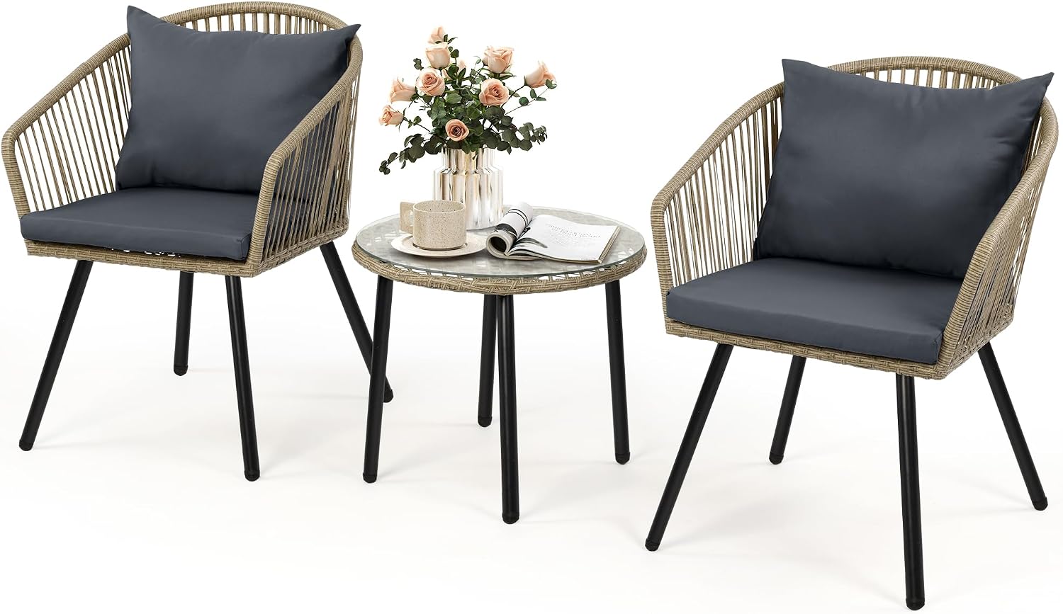 DWVO Bistro Table and Chairs Set of 2, Outdoor Patio Furniture Set with Cushion Chairs and Glass Table, Front Porch Furniture for Backyard, Deck, and Balcony, Black