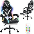 HOFFREE Gaming Chair with LED RGB Lights Massage Ergonomic Video Game Chairs with Footrest High Back Reclining Computer Chair with Adjustable Lumbar Support White and Black
