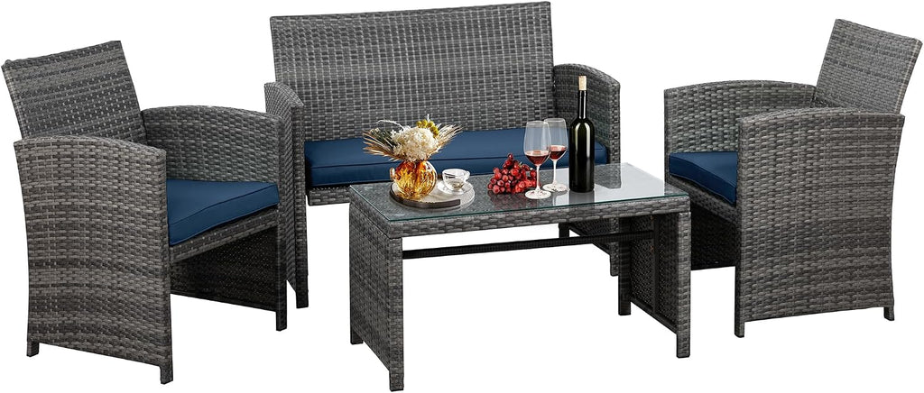 JAMFLY 4 Piece Outdoor Patio Furniture Set, Outdoor Wicker Rattan Chairs Conversation Sets with Cushions & Coffee Table for Outside, Garden, Balcony, Porch, Dark Blue