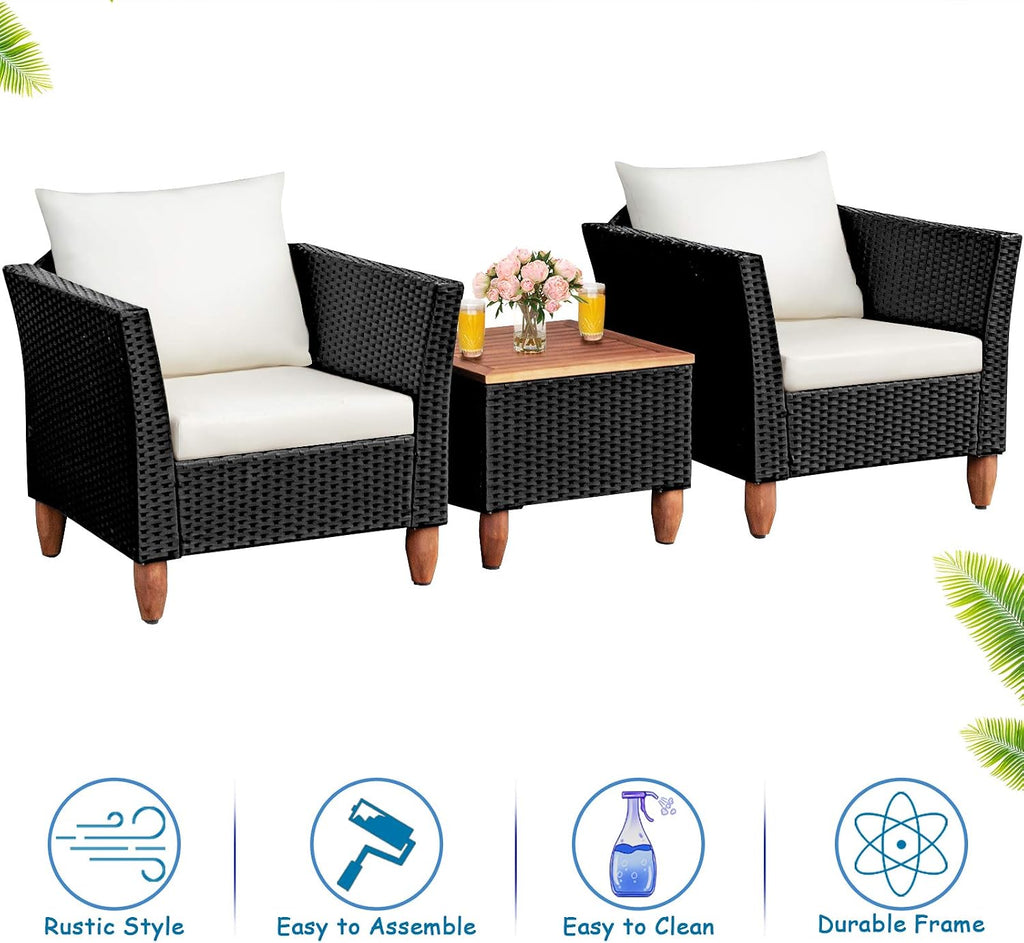 Tangkula 3 Piece Patio Furniture Set, Patiojoy Outdoor Wicker Rattan Bistro Sofa Set w/Washable Cushion, Acacia Wood Top Coffee Table, Conversation Set for Balcony Backyard Porch (White)