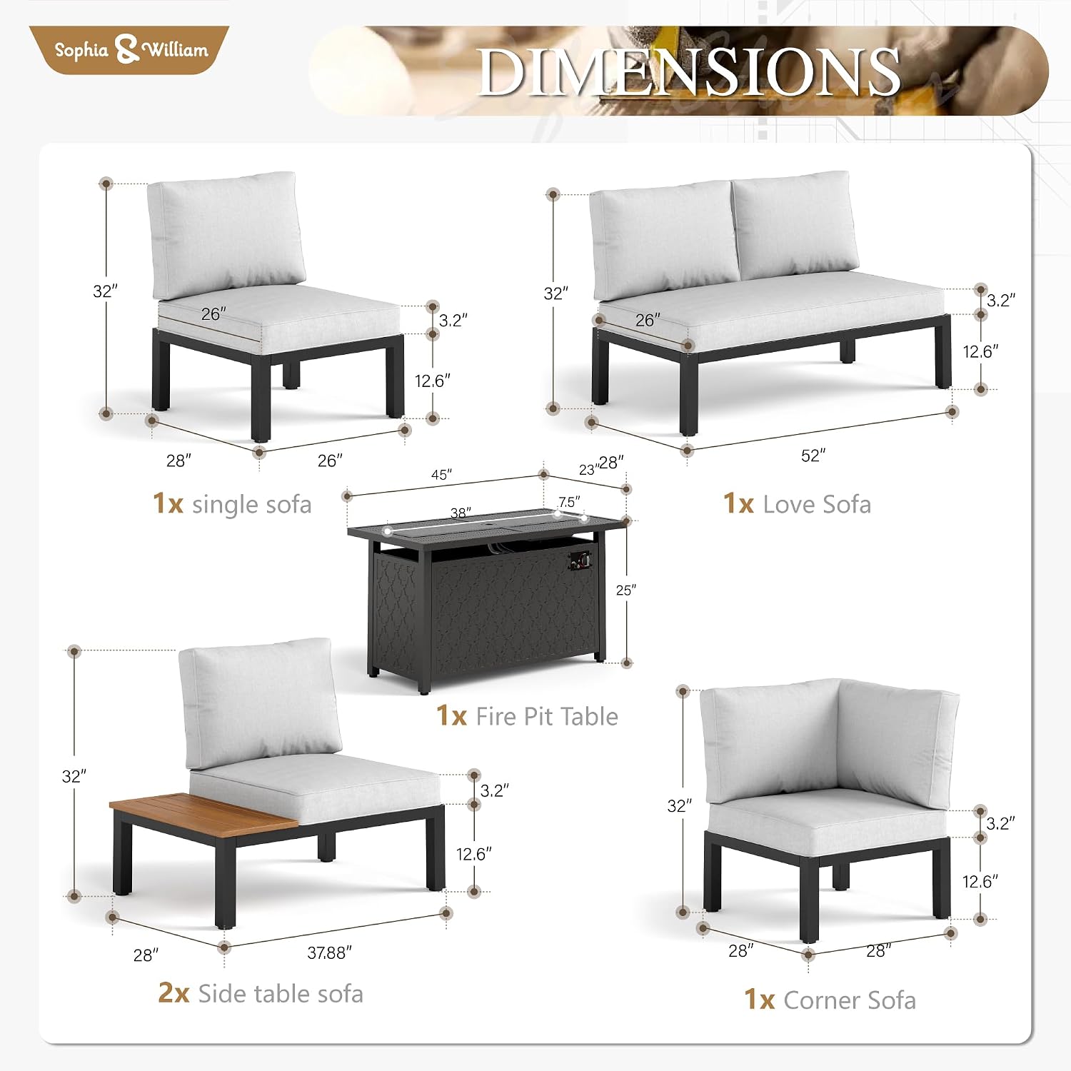 Sophia & William 6 Piece Metal Outdoor Sectional with Fire Pit Table, Modern Patio Furniture Set with Cushion, Modular L-Shape Outdoor Couch Patio Conversation Set for Deck Garden Backyard