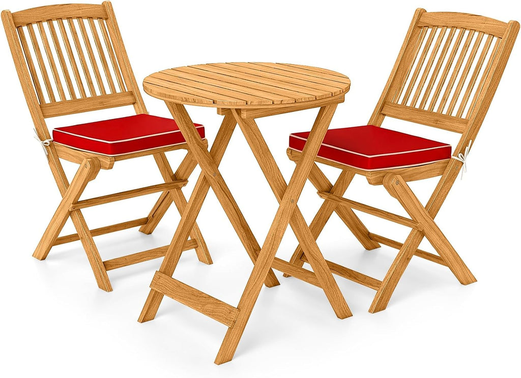 Giantex 3Pcs Patio Bistro Set, Wood Folding Table Set, 2 Cushioned Chairs for Garden Yard, Outdoor Furniture Round Table, Natural & Red