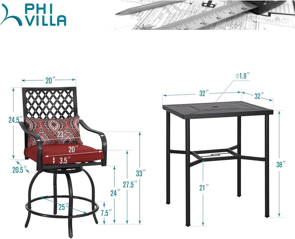 PHI VILLA 5 Piece Patio Bar Hight Dining Set for 4, Outdoor Bar Set with 4 Swivel Cushioned Bar Stools and 1 Square Metal Bar Table(1.9' Umbrella Hole) for Lawn Garden