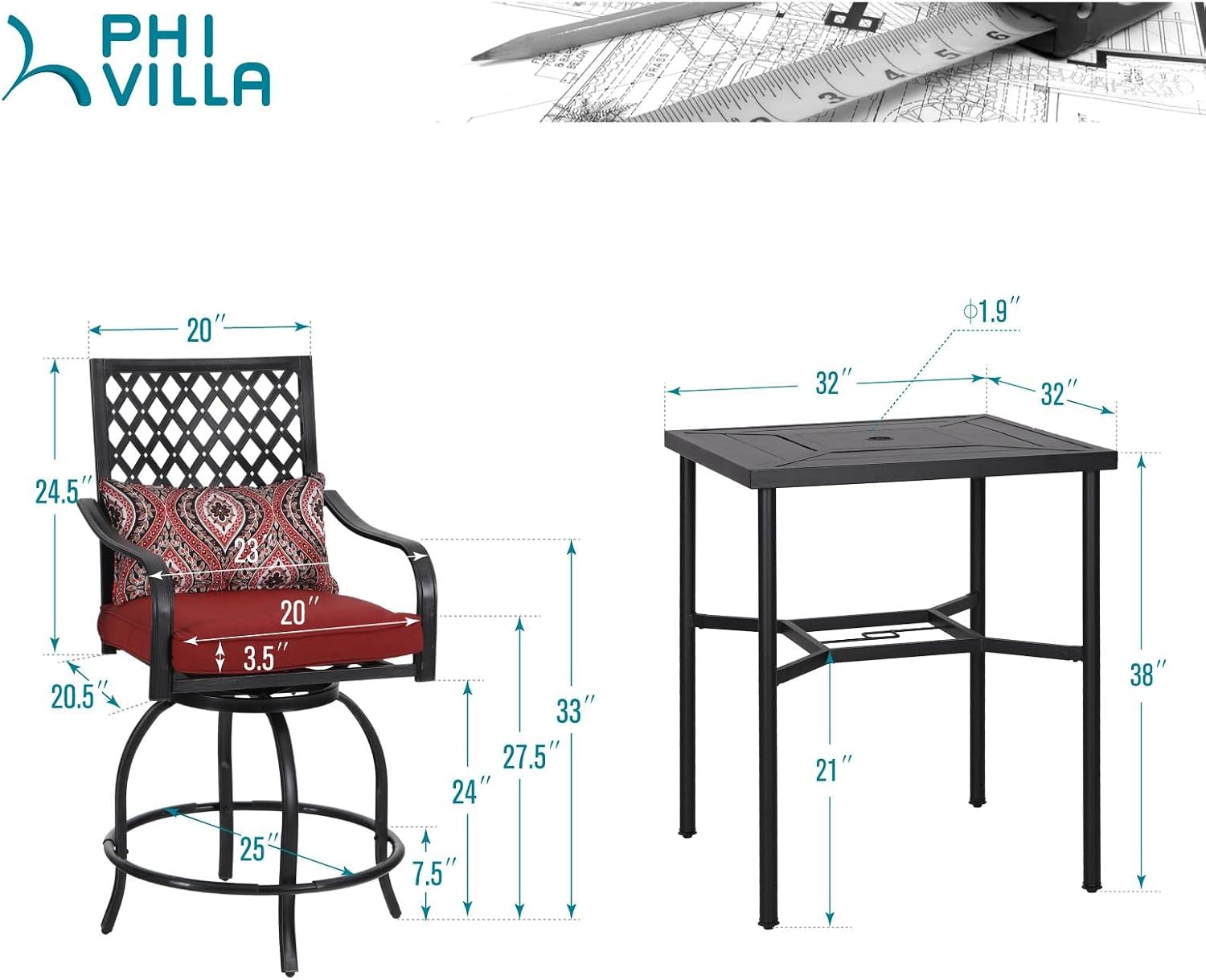 PHI VILLA 5 Piece Patio Bar Hight Dining Set for 4, Outdoor Bar Set with 4 Swivel Cushioned Bar Stools and 1 Square Metal Bar Table(1.9' Umbrella Hole) for Lawn Garden