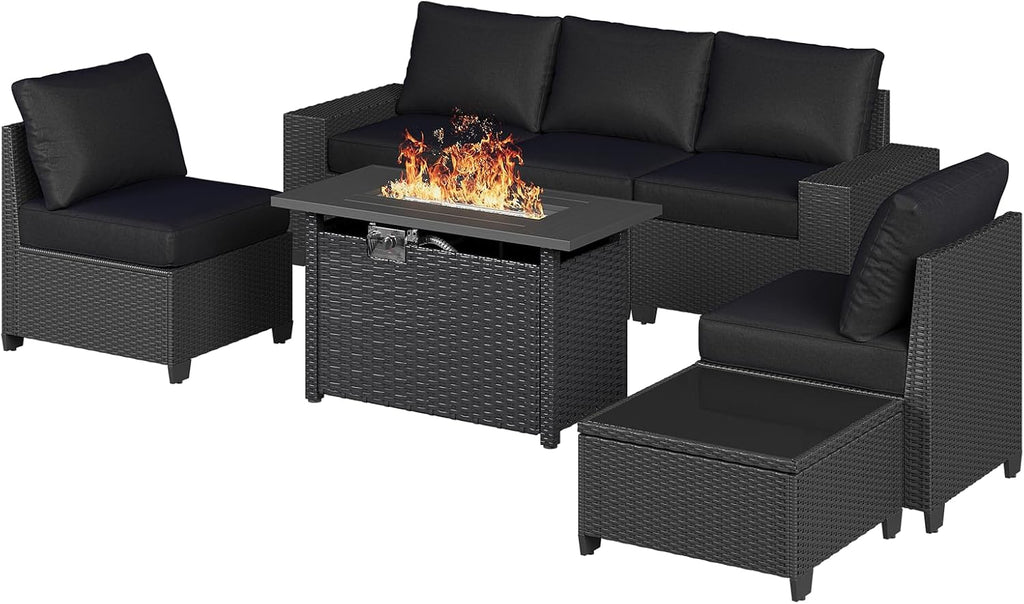 Aoxun Patio Furniture Set with 44'' Fire Pit Table, 7 Pcs Outdoor Patio Furniture Sets with 4in Thicken Cushion, Widen Armrests Wicker Outdoor Sectional for Backyard