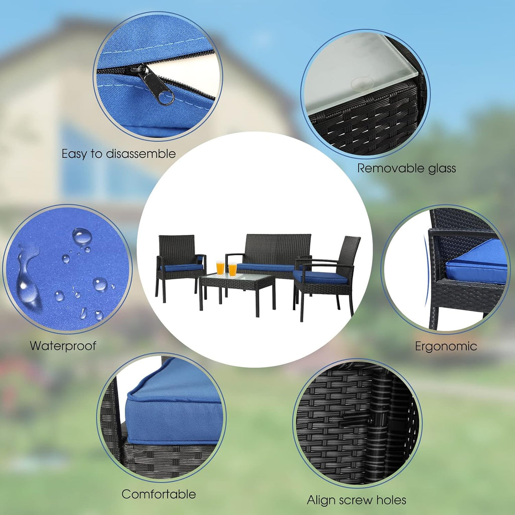 PAOLFOX4 Piece Outdoor Patio Furniture Set, Rattan Patio Conversation Set with Table,Modern Wicker Chairs and Table Sets,Outdoor Furniture for Porch, Garden, Lawn, Blue