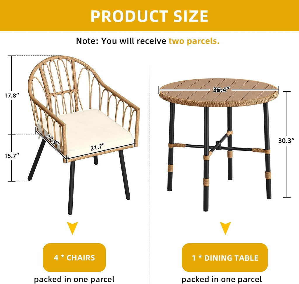 DWVO 5 Piece Patio Dining Sets, Outdoor Dining Furniture Set with 2' Umbrella Hole, Wicker Rattan Round Table and Chairs Set with Comfortable Cushions for Patio, Balcony, Backyard, Beige