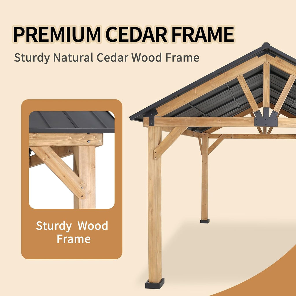 11x13 Hardtop Gazebo, Galvanized Steel Gable Roof Outdoor Pavilion with Cedar Wood Frame, Patio Gazebo for Deck, Garden, Lawn, Natural Wood/Black
