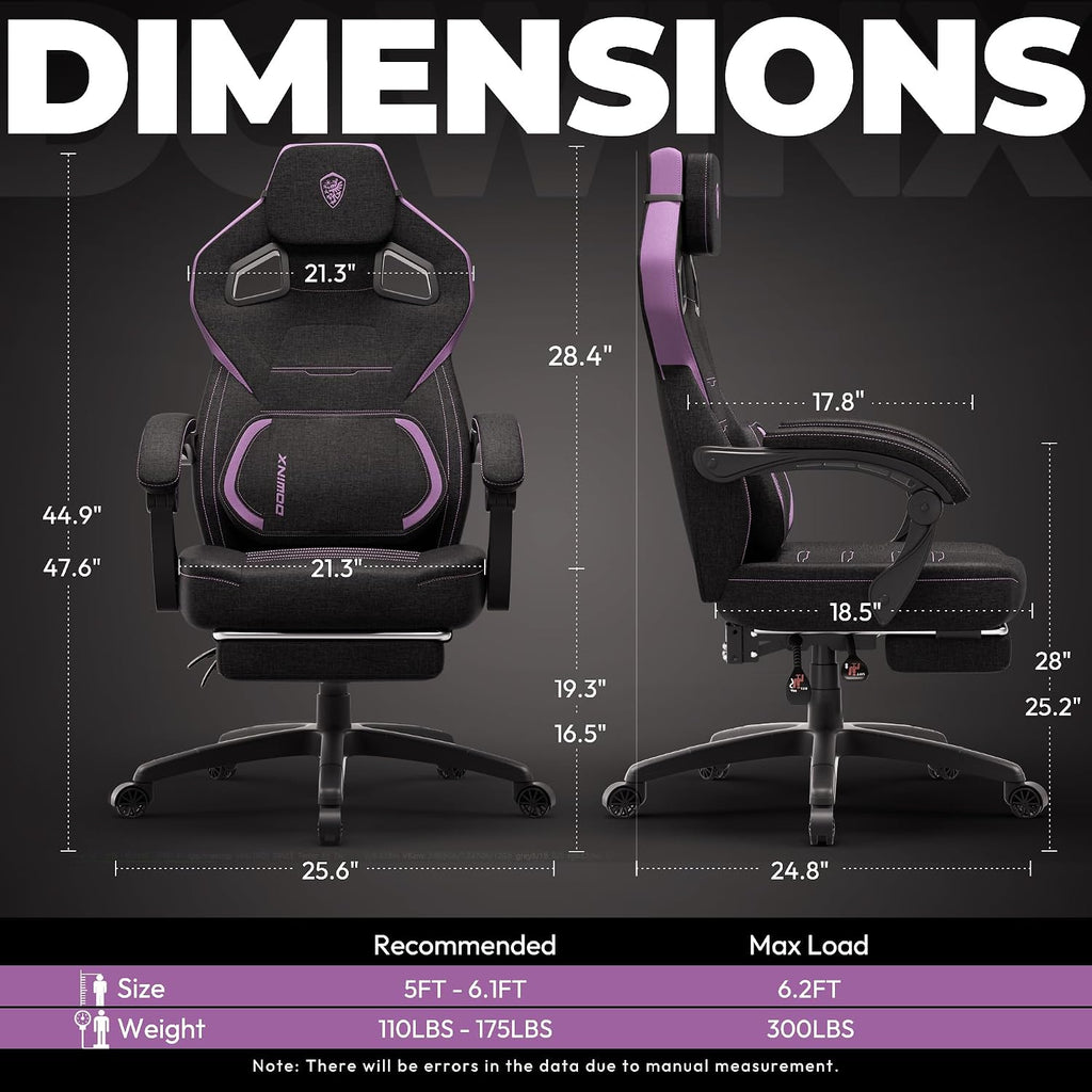 Dowinx Fabric Gaming Chair with Footrest, Big and Tall Ergonomic Gamer Chair with Lumbar Support, Wide Back Computer Chair for Heavy People, Purple