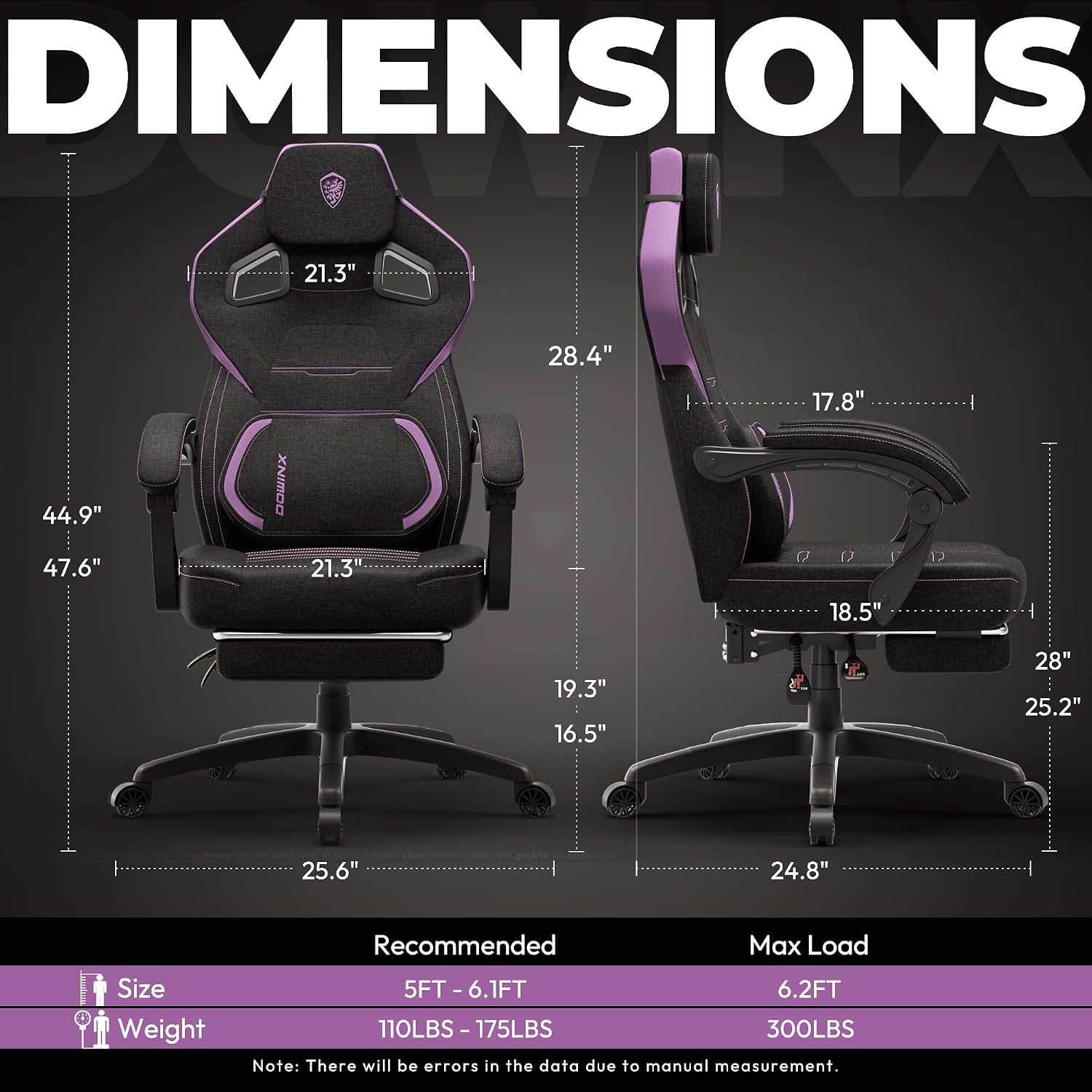 Dowinx Fabric Gaming Chair with Footrest, Big and Tall Ergonomic Gamer Chair with Lumbar Support, Wide Back Computer Chair for Heavy People, Purple