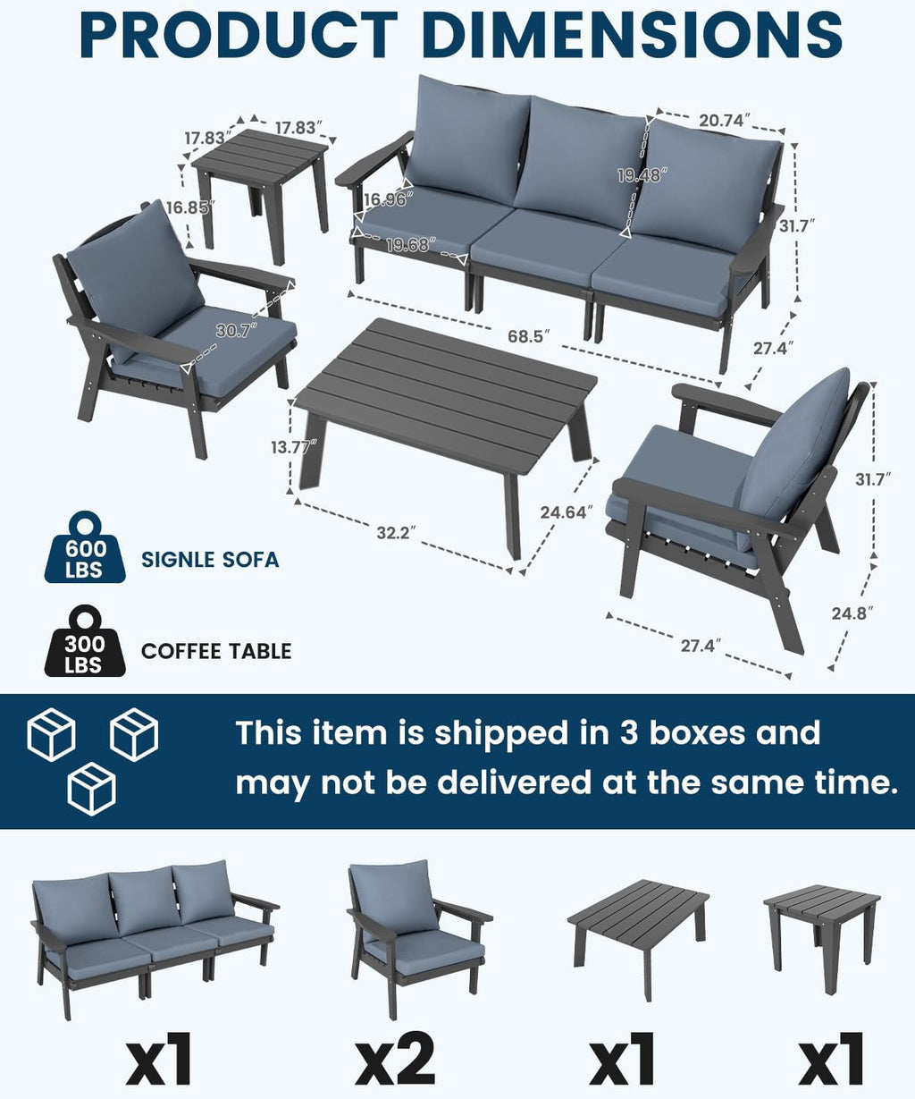 FOOWIN 7-Piece Patio Furniture Set, HDPE All-Weather Outdoor Conversation Set with Thick Cushions, Sectional Patio Sofa Furniture for Deck, Porch, Lawn, Garden, Grey Frame & Grey Cushion