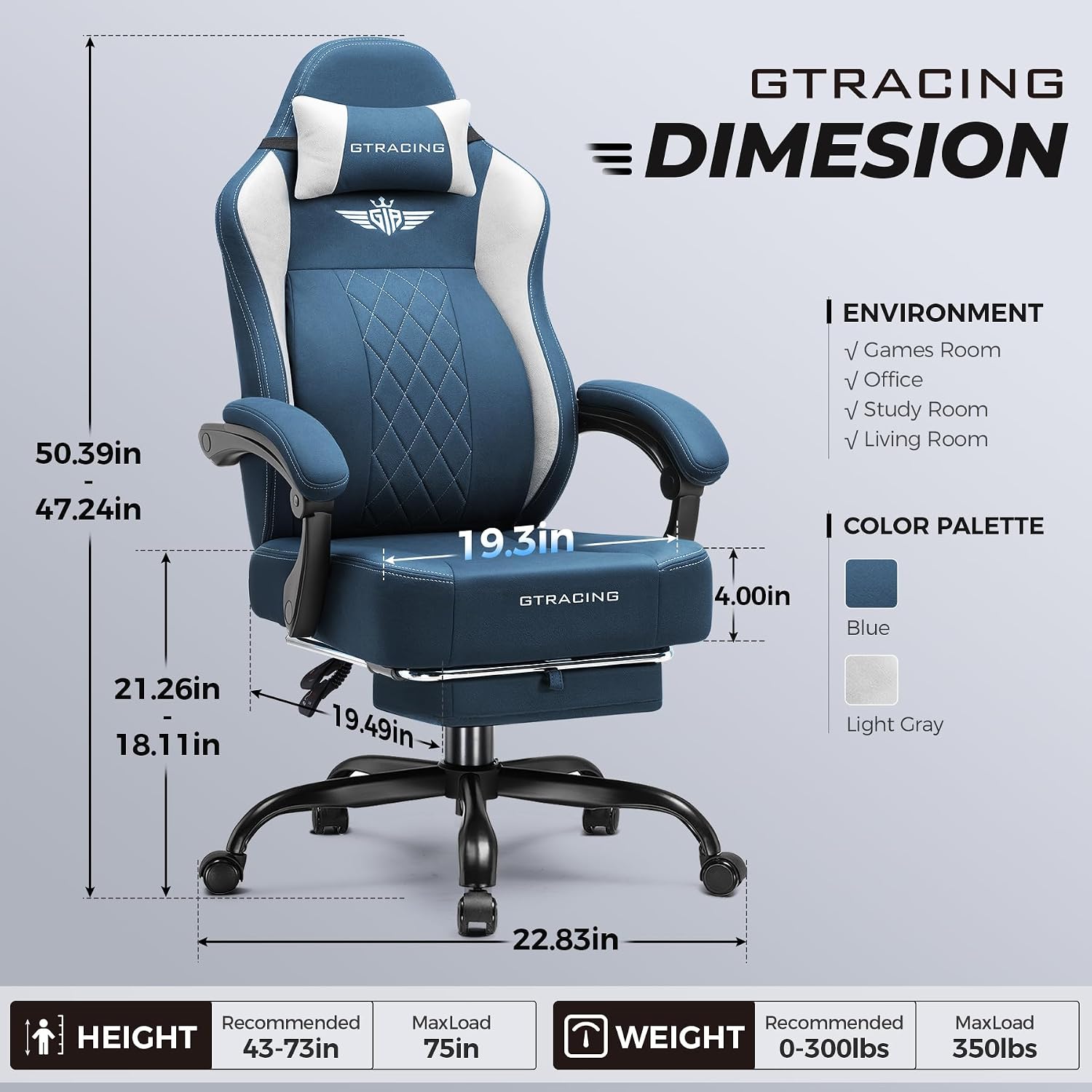 GTPLAYER Big and Tall Gaming Chair Breathable Fabric Computer Chair with Strong Lumbar Support, Comfortable Office Chairs with Pocket Spring Cushion, High Back Ergonomic Desk Chairs with Footrest