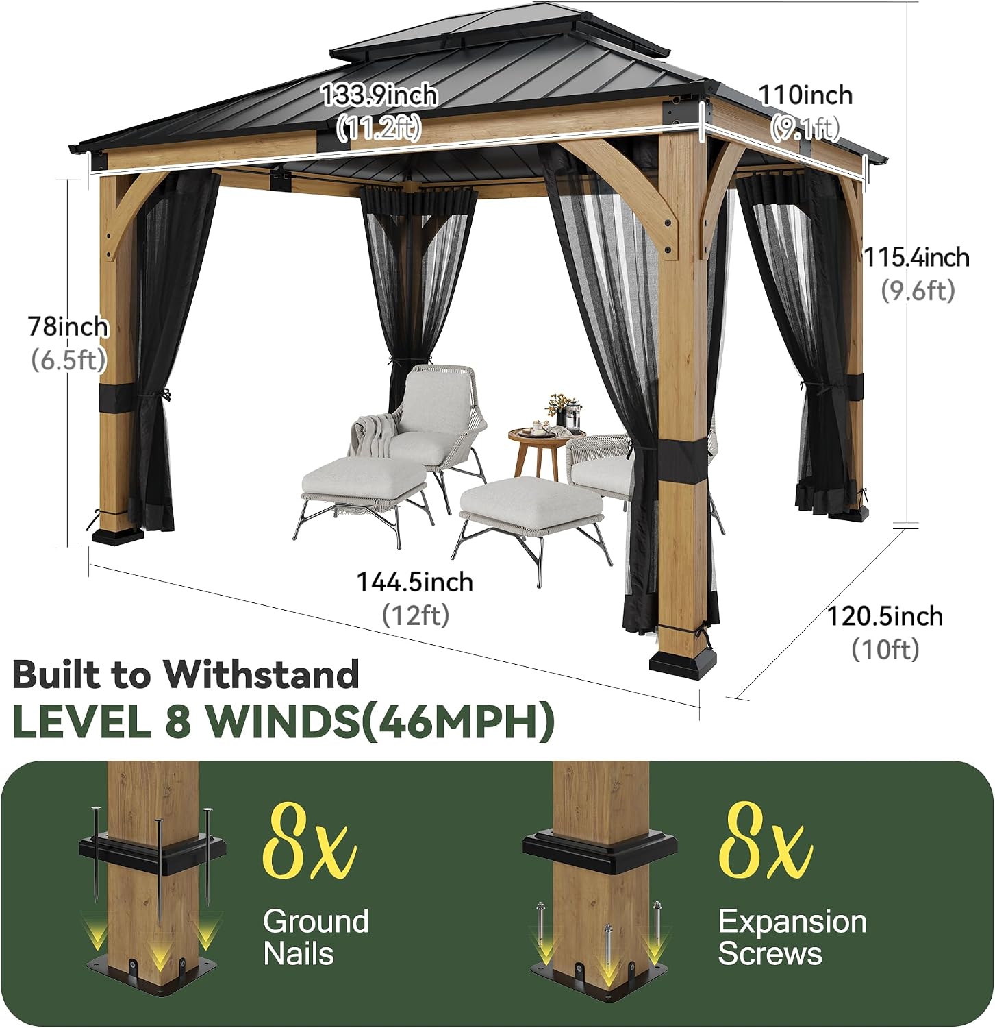 10x12 ft Cedar Wood Gazebo with Translucent roof, Hardtop Gazebo with Galvanized Steel Double Roof and Mosquito Netting, Heavy Duty Pavilion for Patio Lawn and Garden