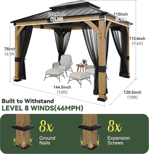 10x12 ft Cedar Wood Gazebo with Translucent roof, Hardtop Gazebo with Galvanized Steel Double Roof and Mosquito Netting, Heavy Duty Pavilion for Patio Lawn and Garden