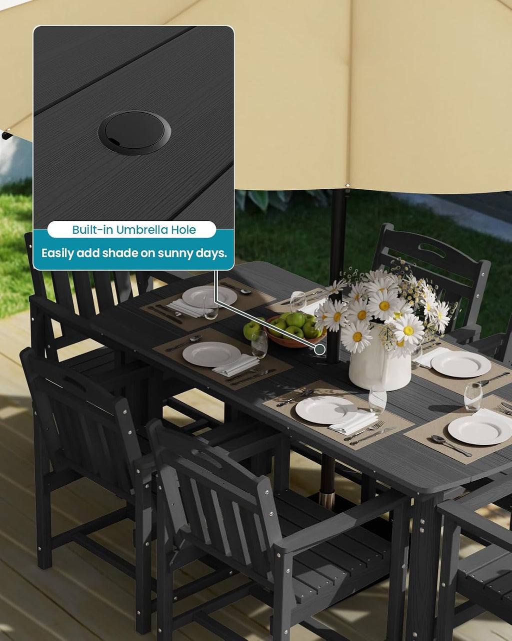 Ciokea HDPE Outdoor Dining Table with Umbrella Hole,66' Rectangle Patio Table for 6,All-Weather Outdoor Patio Furniture Set for Garden Backyard,Black