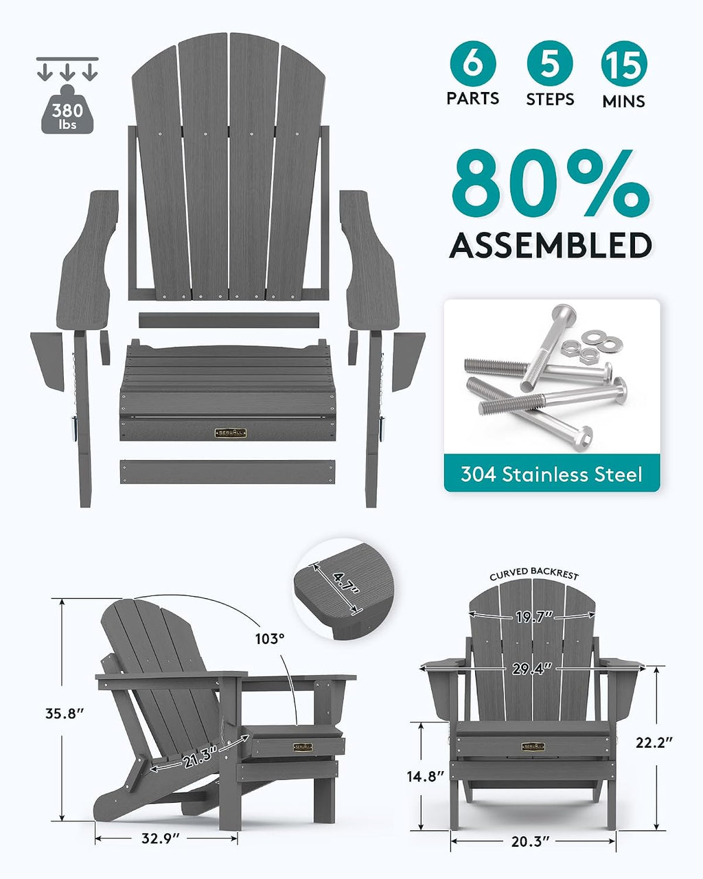SERWALL Adirondack Chair Set of 2 for Patio Garden Outdoors Fire Pit- (Folding Gray)