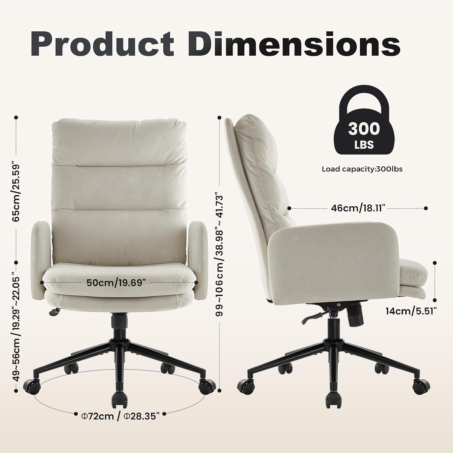 IWMH Swivel Home Office Chair,High-Back Armchair,Makeup Chair with Wheels and Armrests,Height Adjustable Desk Chair Upholstered Computer Task Chair, Leisure Armchair (Beige)