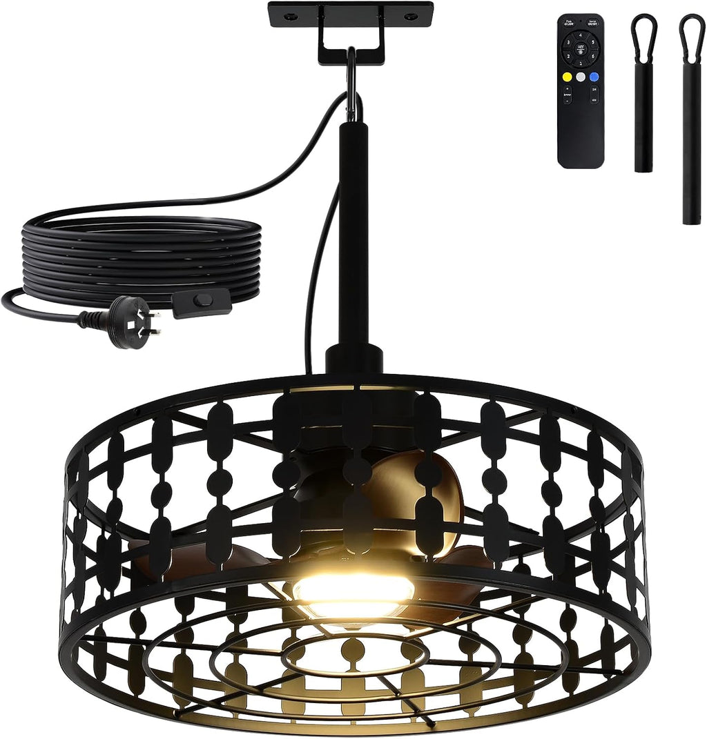 ZHENYANGL 18.9' Outdoor Ceiling Fan with Light and Remote LED Black Industrial Caged Ceiling Fan Light Fixture with Hook IP 54 Waterproof Plug in Fan Lights for Patios, Porch, Pergola, Canopy, Gazebo