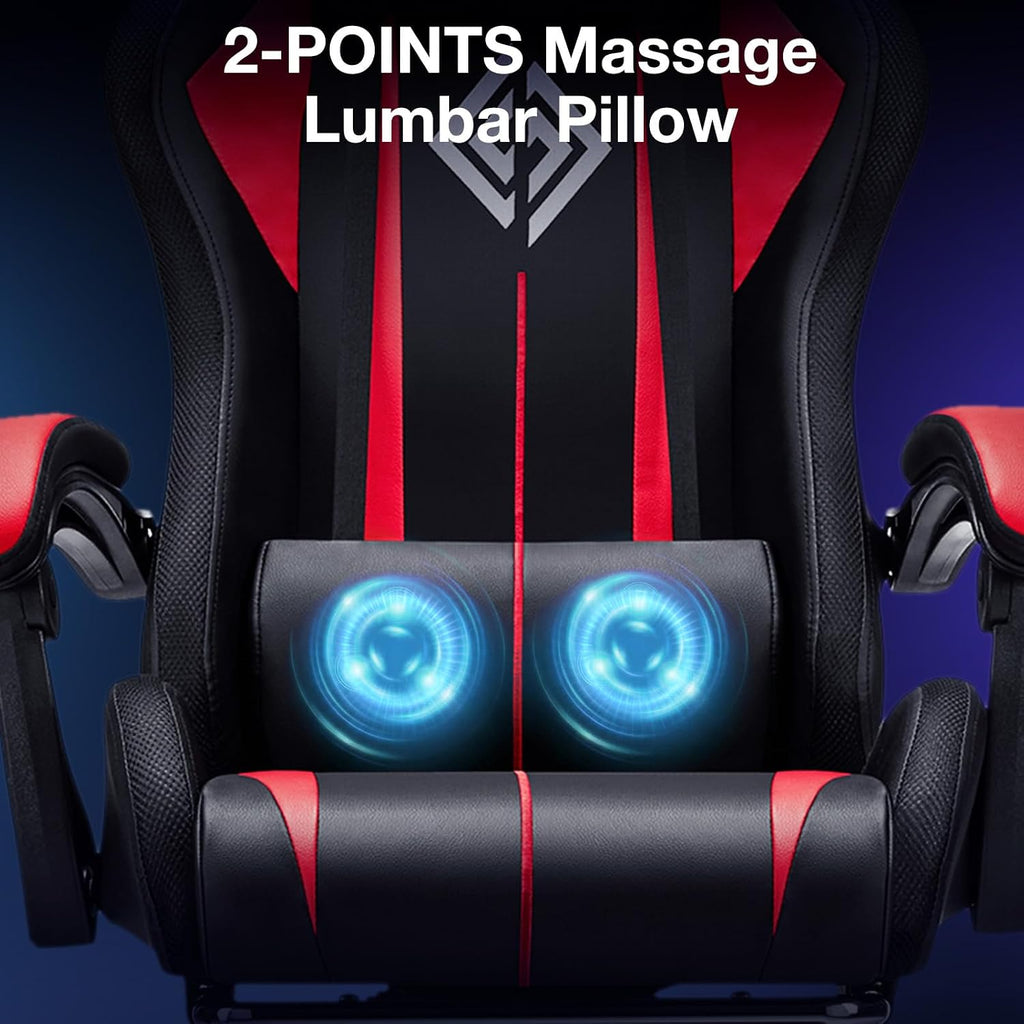 RGB Gaming Chair Massage with LED Lights and Footrest Ergonomic Computer Gaming Chair with High Back Video Game Chair with Adjustable Lumbar Support Red and Black
