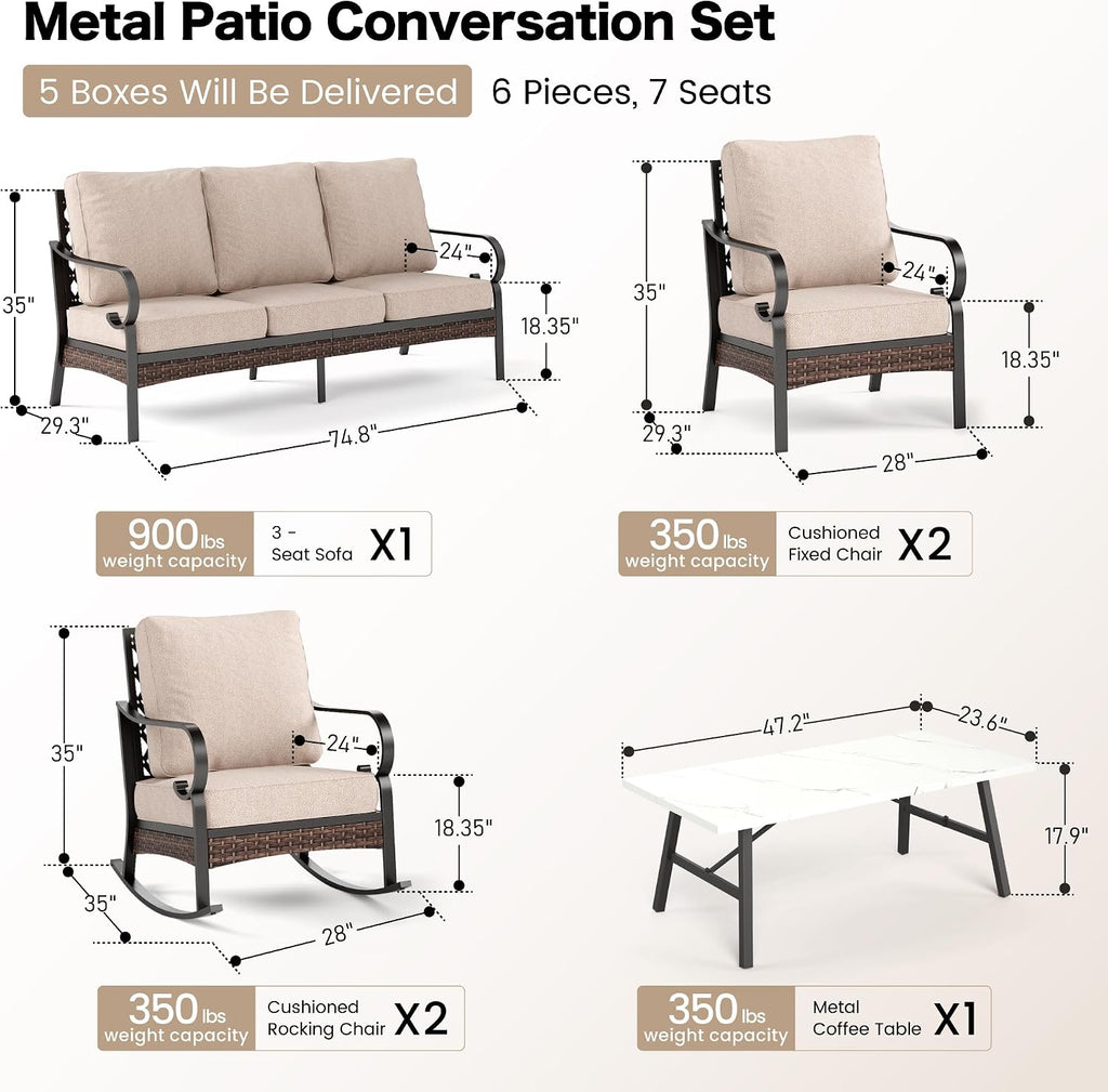 SUNSHINE VALLEY 6 Piece Metal Outdoor Patio Furniture Set, Patio Conversation Set 1 3-Seater Sofa, 2 Fixed Sofa, 2 Rocking Sofa with 5.75' Thick Cushion & Coffee Table Black Backyard Furniture, Beige