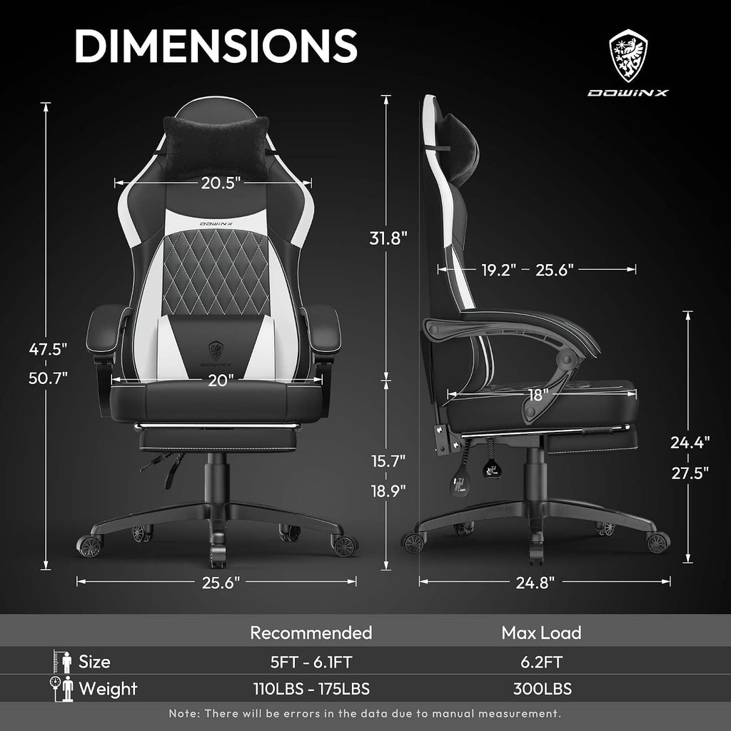 Dowinx Gaming Chair with Pocket Spring Cushion, Ergonomic Computer Chair with Massage Lumbar and Footrest for Adults, High Back Game Chair Leather for Office Gaming 300LBS, New White