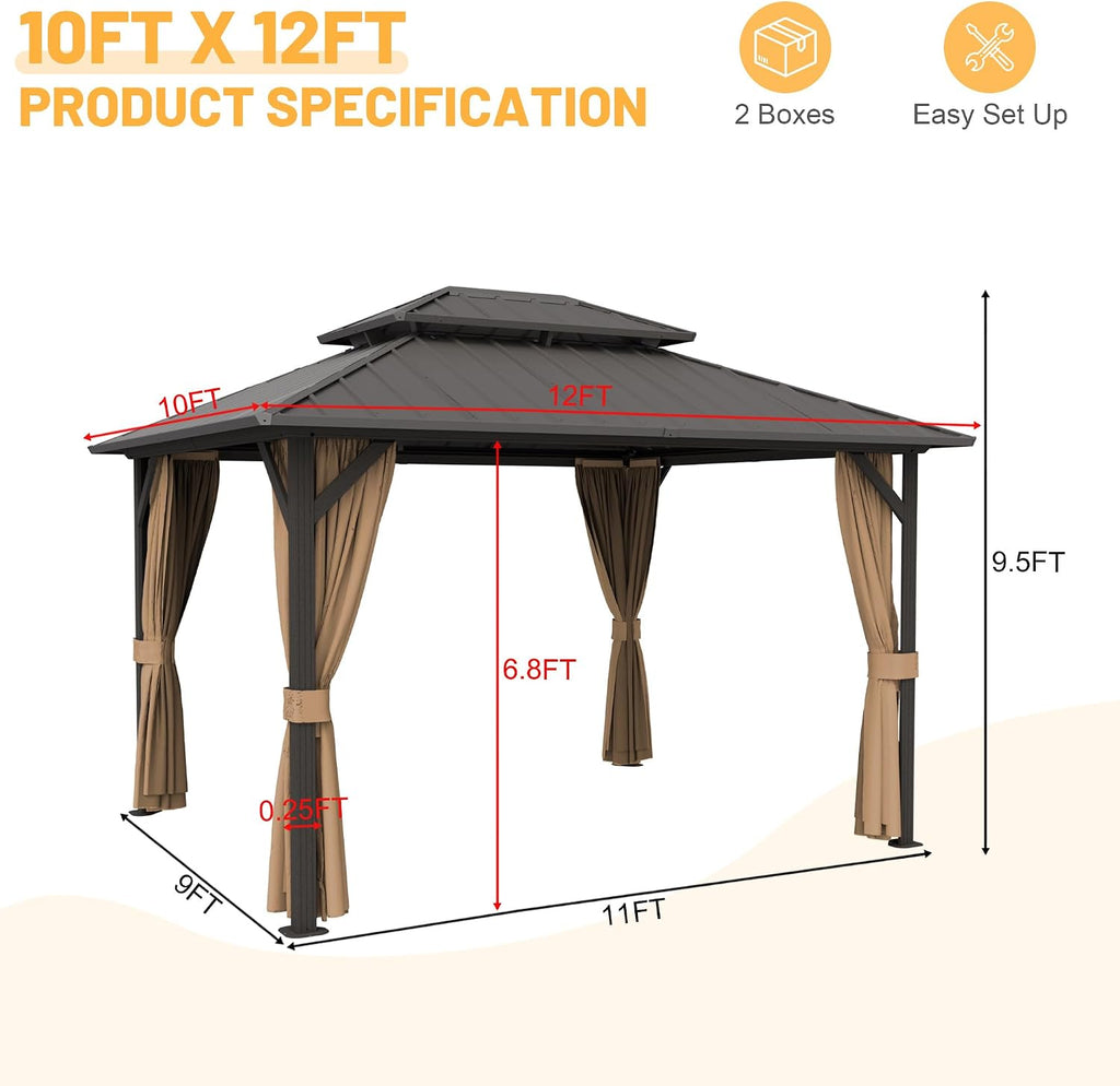 10'x12' Hardtop Gazebo Outdoor Aluminum Patio Gazebo Double Roof Galvanized Steel Canopy with Netting and Curtains for Garden, Backyard,Deck and Lawns