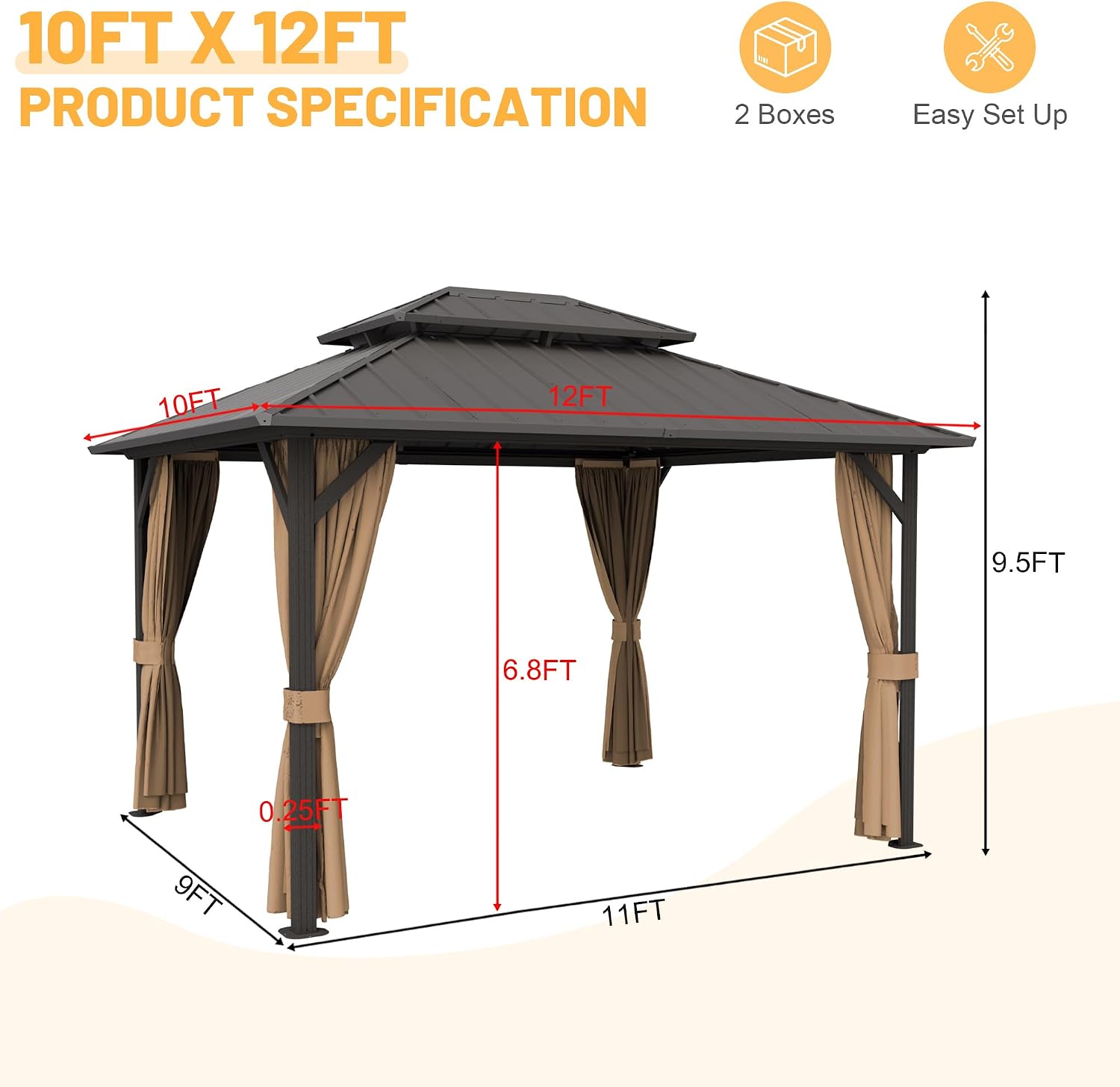 10'x12' Hardtop Gazebo Outdoor Aluminum Patio Gazebo Double Roof Galvanized Steel Canopy with Netting and Curtains for Garden, Backyard,Deck and Lawns