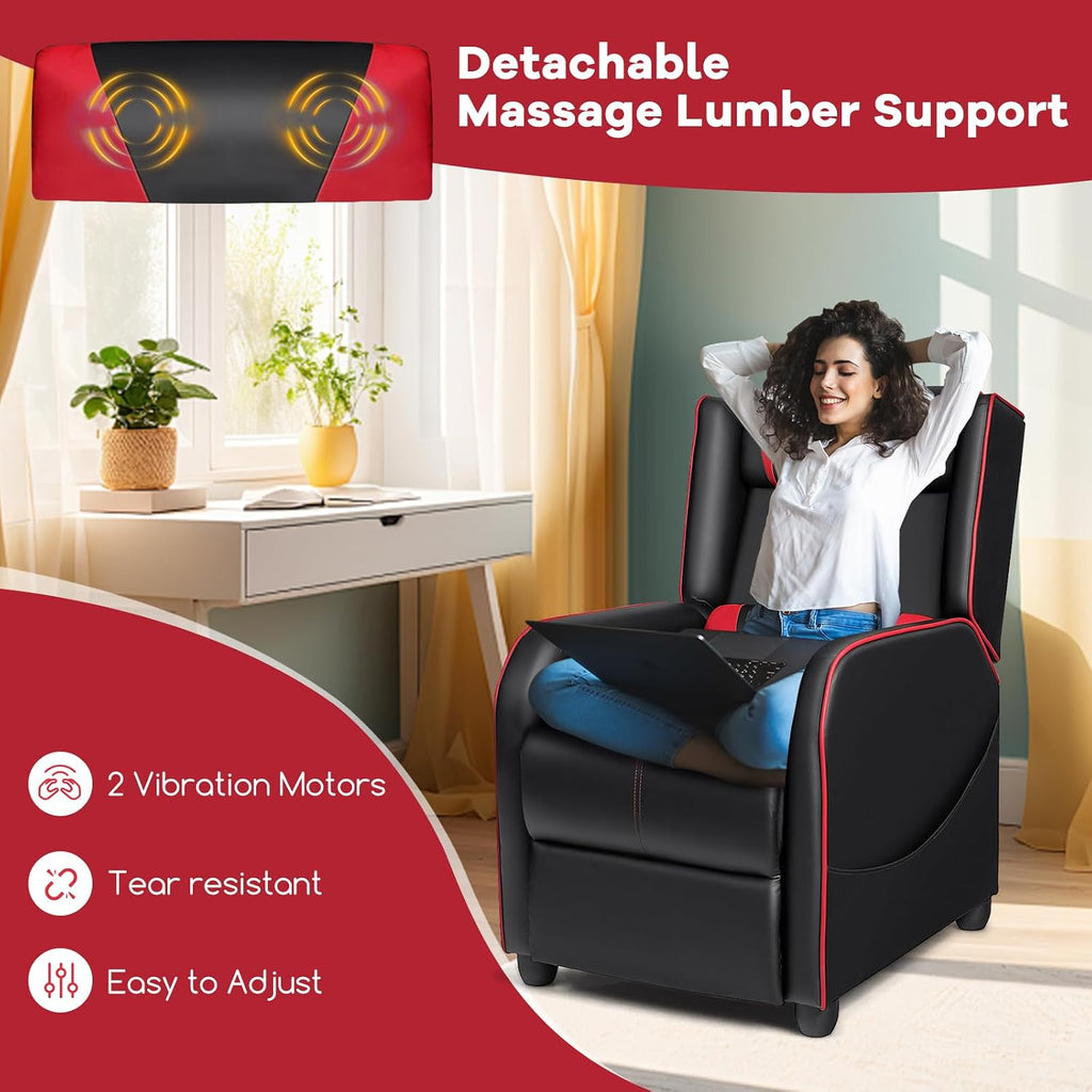 Goplus Massage Gaming Recliner Chair, Racing Style PU Leather Single Recliner Sofa with Footrest, Adjustable Modern Living Room Recliners, Ergonomic Home Theater Recliner Seat (Red)