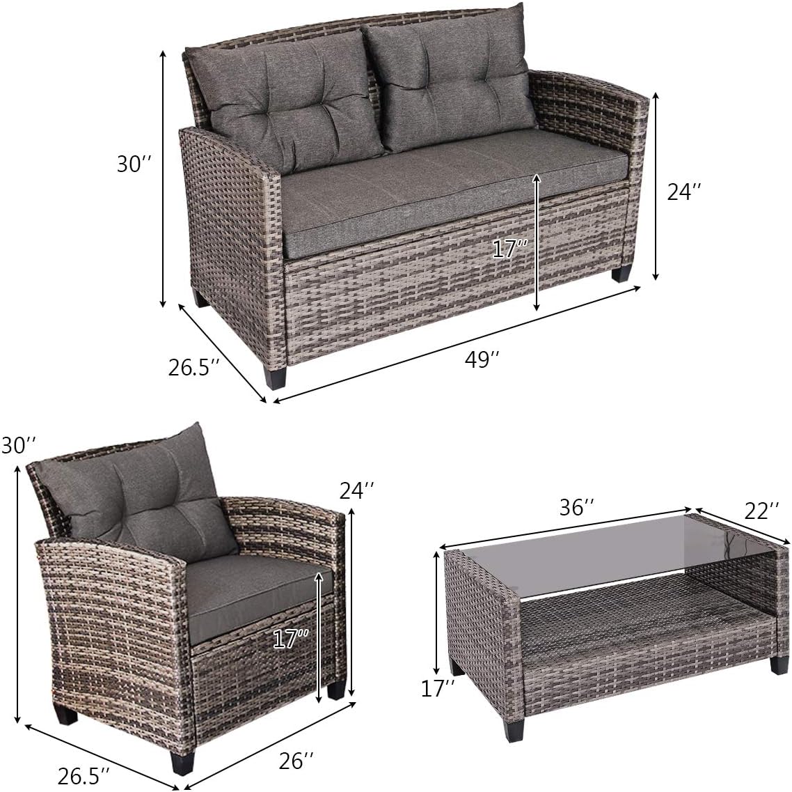 Tangkula 4 PCS Patio Wicker Conversation Furniture Set, Outdoor Rattan Sofa Set with Padded Cushion & Tempered Glass Coffee Table, Wicker Sectional Sofas & Table for Courtyard Balcony Garden (1, Grey)