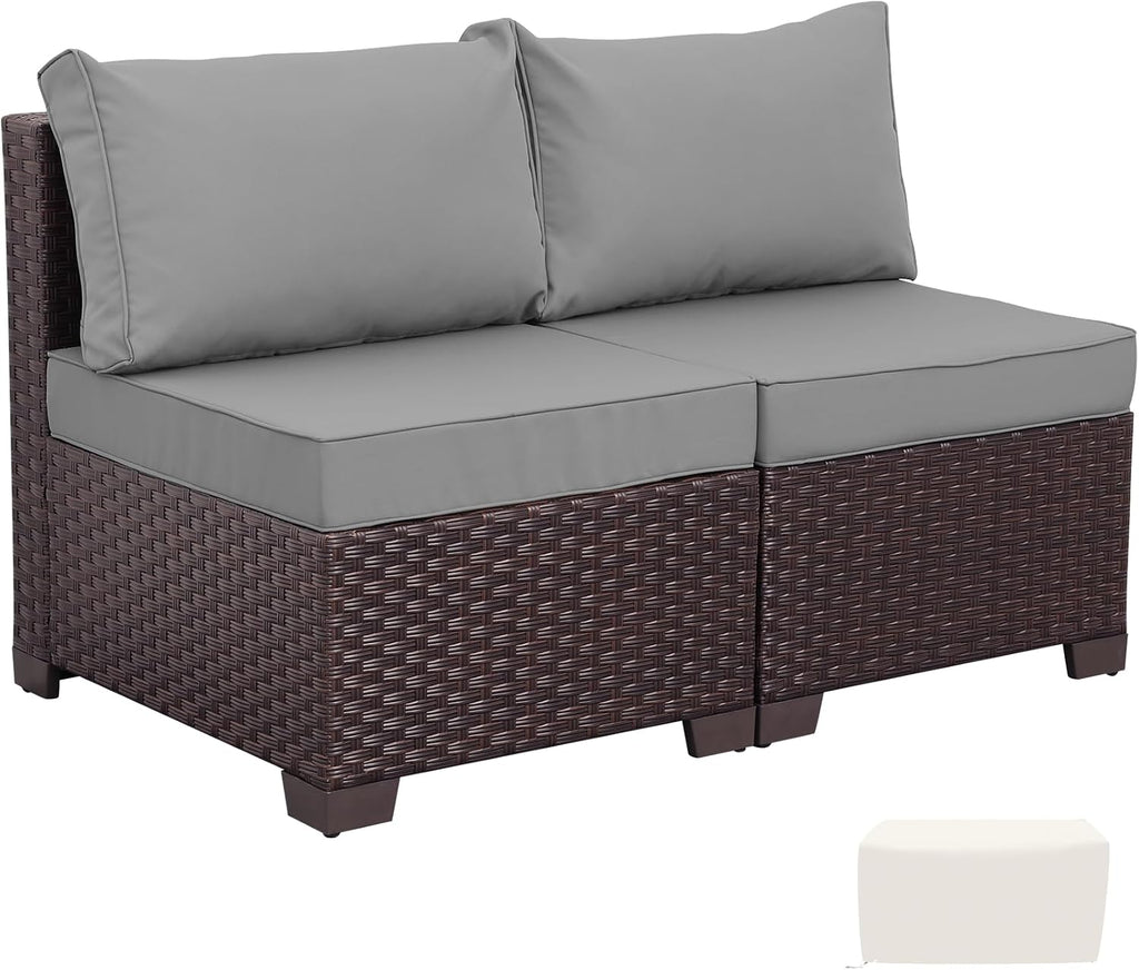 WAROOM Patio Furniture Set of 2 Resin Wicker Chairs, Outdoor Deep Seating Single Chair Brown Rattan Sofa with Grey Cushion
