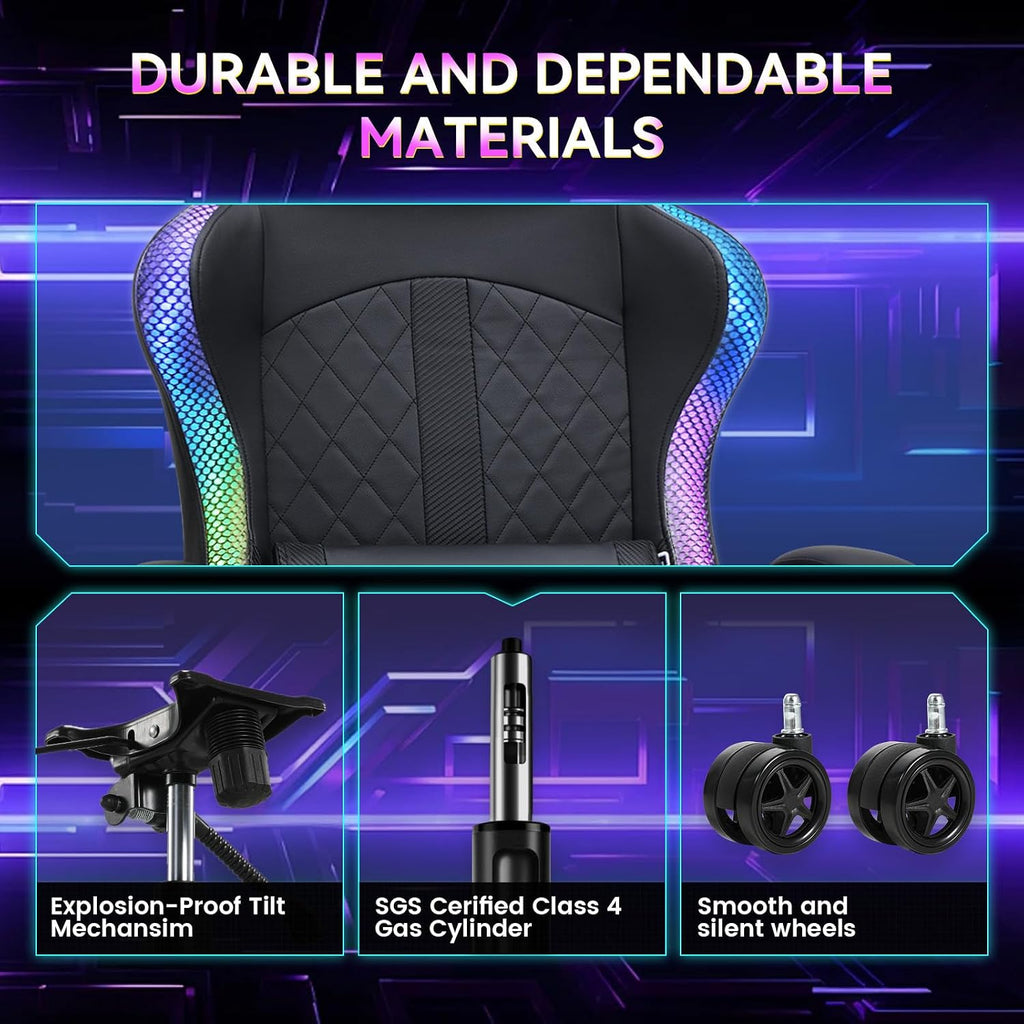 GTPLAYER RGB Gaming Chair with Speakers - LED Computer Game Chair for Adults, PC Home Office Chairs with Footrest & Lights, Reclining Desk Chairs, Dark Black