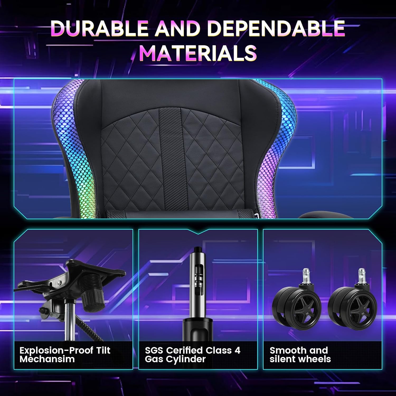 GTPLAYER RGB Gaming Chair with Speakers - LED Computer Game Chair for Adults, PC Home Office Chairs with Footrest & Lights, Reclining Desk Chairs, Dark Black