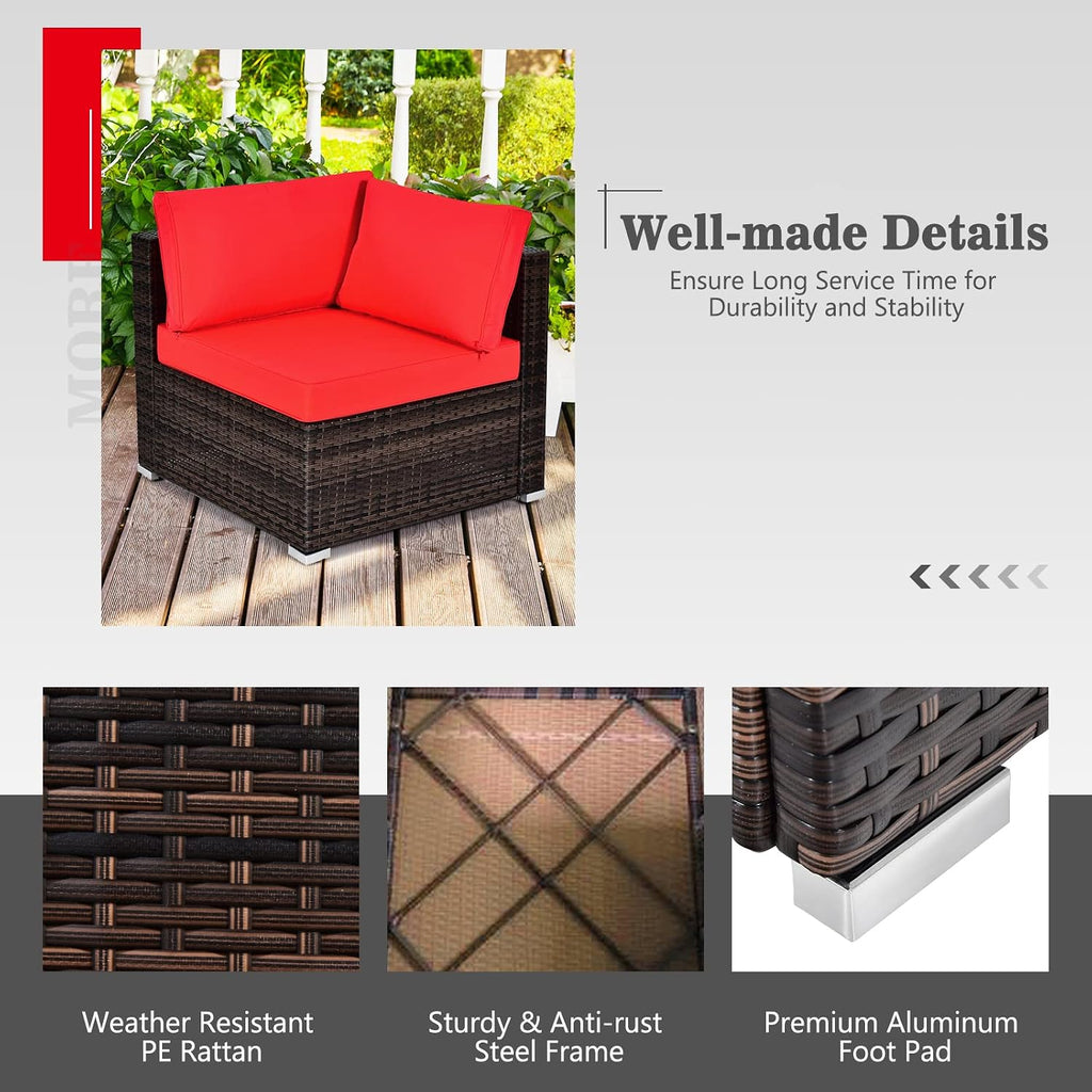 COSTWAY 6-Piece Outdoor Patio Furniture Set, Rattan Sectional Sofa Set with Tempered Glass Coffee Table and Cushions for Garden, Deck, Backyard (Red)
