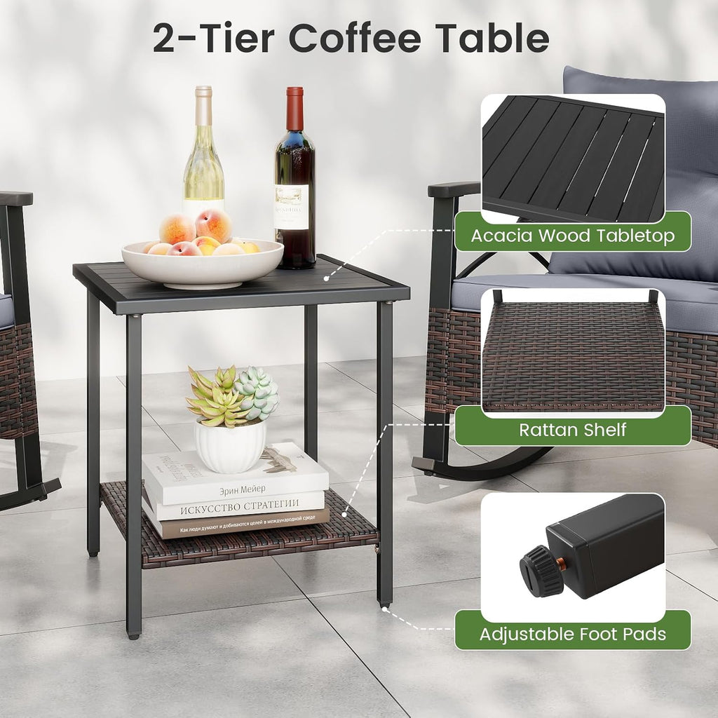 Tangkula 3 Pieces Outdoor Rocking Chairs Set, Rattan Heavy Duty Cushioned Rocker Chairs with 2-Tier Tempered Glass Coffee Table, for Garden, Balcony, Backyard (Gray)