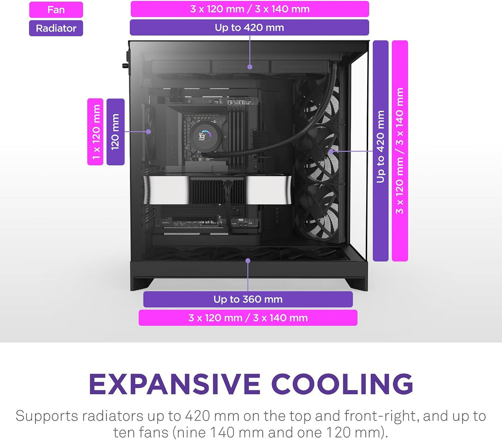 NZXT H9 Flow (2025) – Large Dual-Chamber ATX Mid-Tower Airflow PC Case – Includes 3 x 140mm & 1 x 120mm Fans – 420mm Radiator Support – Tempered Glass – Back-Connect Ready – Black