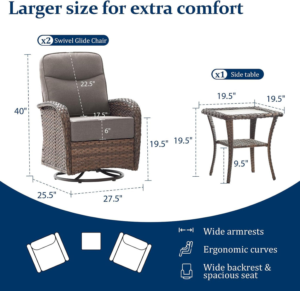 Outdoor Swivel Rocking Chair Patio Set (3-Piece), High-Back - Thick Cushion Swivel Rocking Chair Patio Set, All-Weather Wicker Patio Furniture Set, Suitable for Balcony Patios, Brown/Gery
