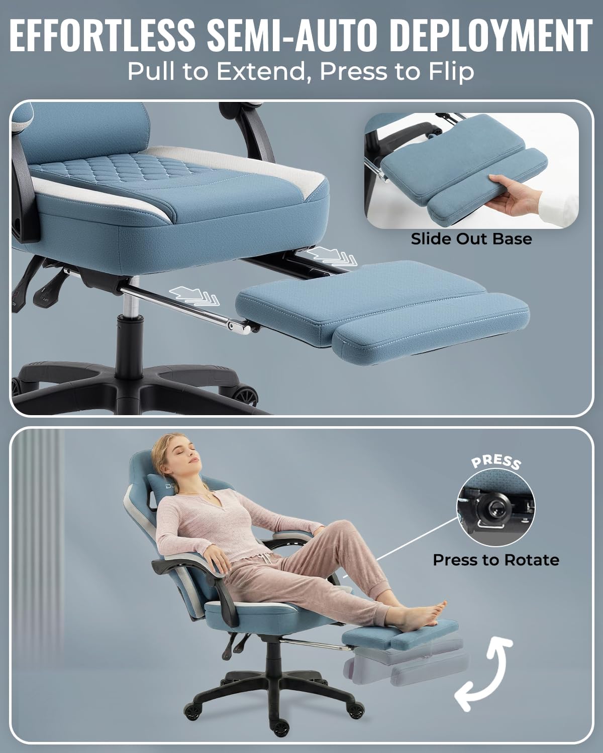 Dowinx Gaming Chair Breathable Fabric Game Chair with Gel Pad and Storage Bag, Comfortable Gamer Chair with Pocket Spring Cushion, Ergonomic Computer Chair with Footrest, Blue and White