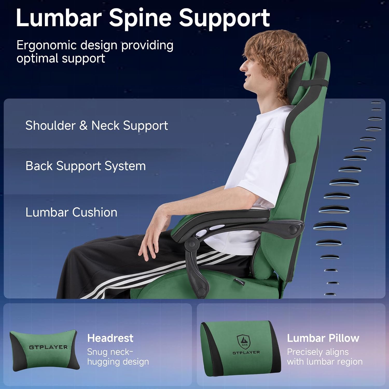 GTPLAYER Gaming Chair, Video Game Chairs with Footrest and Lumbar Support, Computer Chair for Adults with Extended Backrest, Ergonomic Reclining Silla Gamer, Fabric, Green