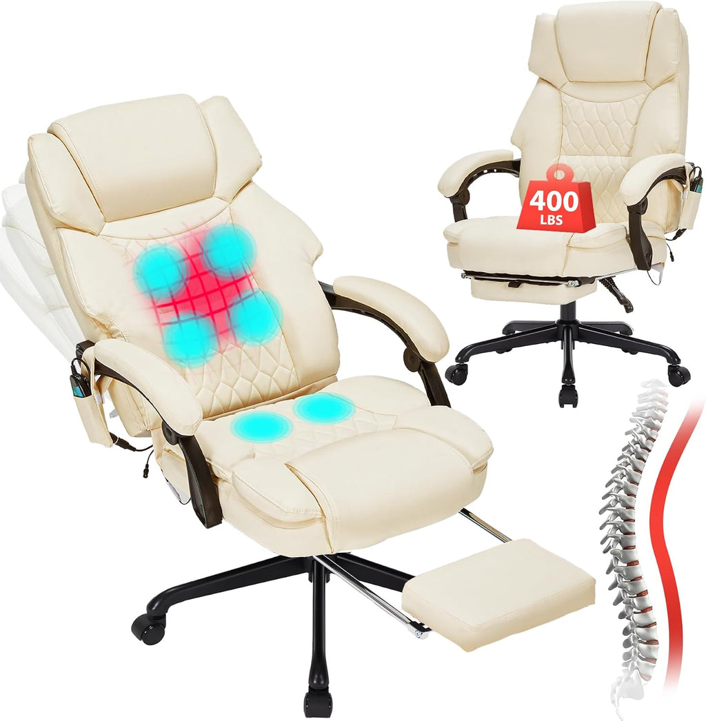 Massage Office Chair with Foot Rest 6 Points Vibration and Heat Home Office Desk Chairs for Heavy People 400lbs Reclining Managerial Chairs Ergonomic Executive Chair (Cream)