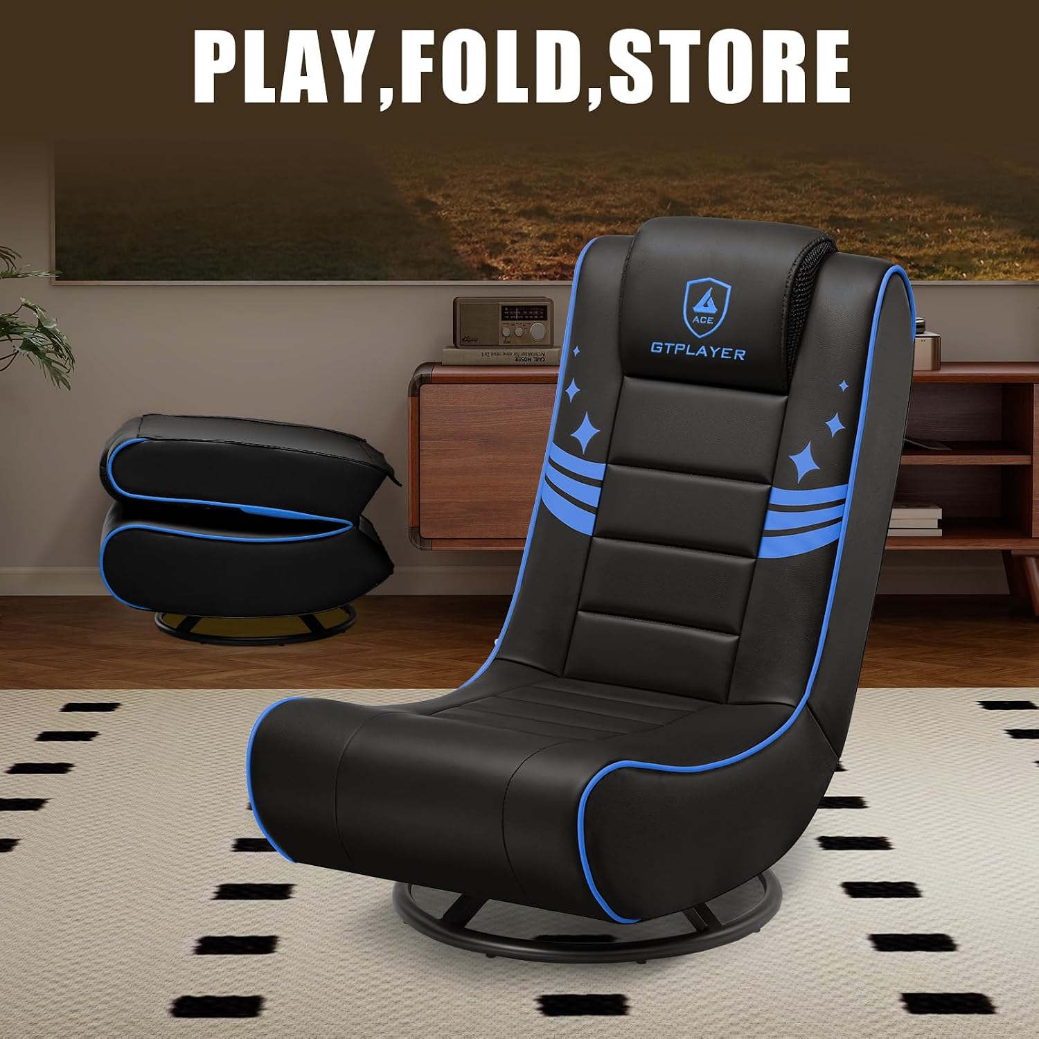GTPLAYER Floor Gaming Chair Foldable Swivel Floor Chairs for Kids Boys Comfy Video Game Seat with 360° Multipurpose for Gamers, Bedroom or Game Room(Black-Blue)