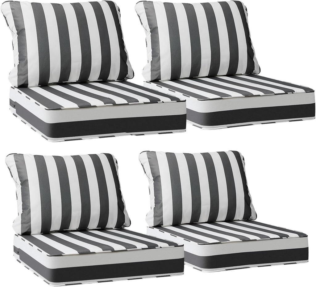 AAAAAcessories Outdoor Deep Seat Cushions, Waterproof, Fade-Resistant Patio Furniture Replacement Cushions, 24' x 24' x 5', Set of 4, Gray Cabana Stripe