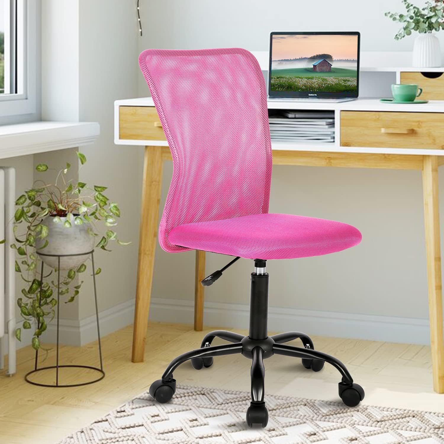 Ergonomic Chairs Set of 4, Cute Adjustable Armless Office Desk Chair w/Mesh Back & Soft Thick Seat, Comfy Swivel Rolling Executive Small Computer Task Chair Sillas para Escritorio for Adult Women